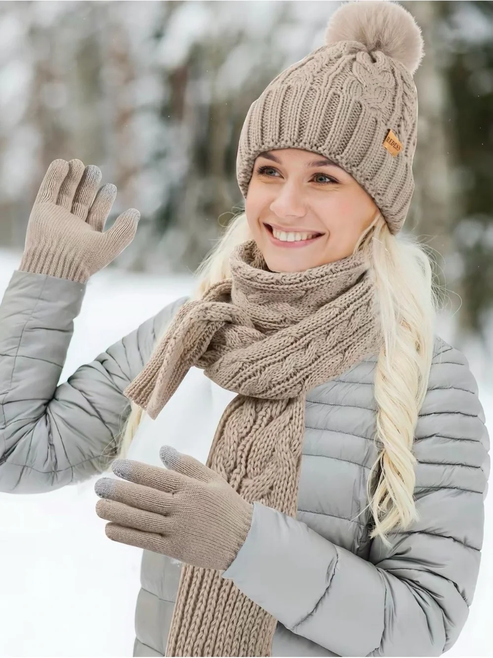 Cream Cable Knit Pom Beanie, Scarf & Gloves Set - Women